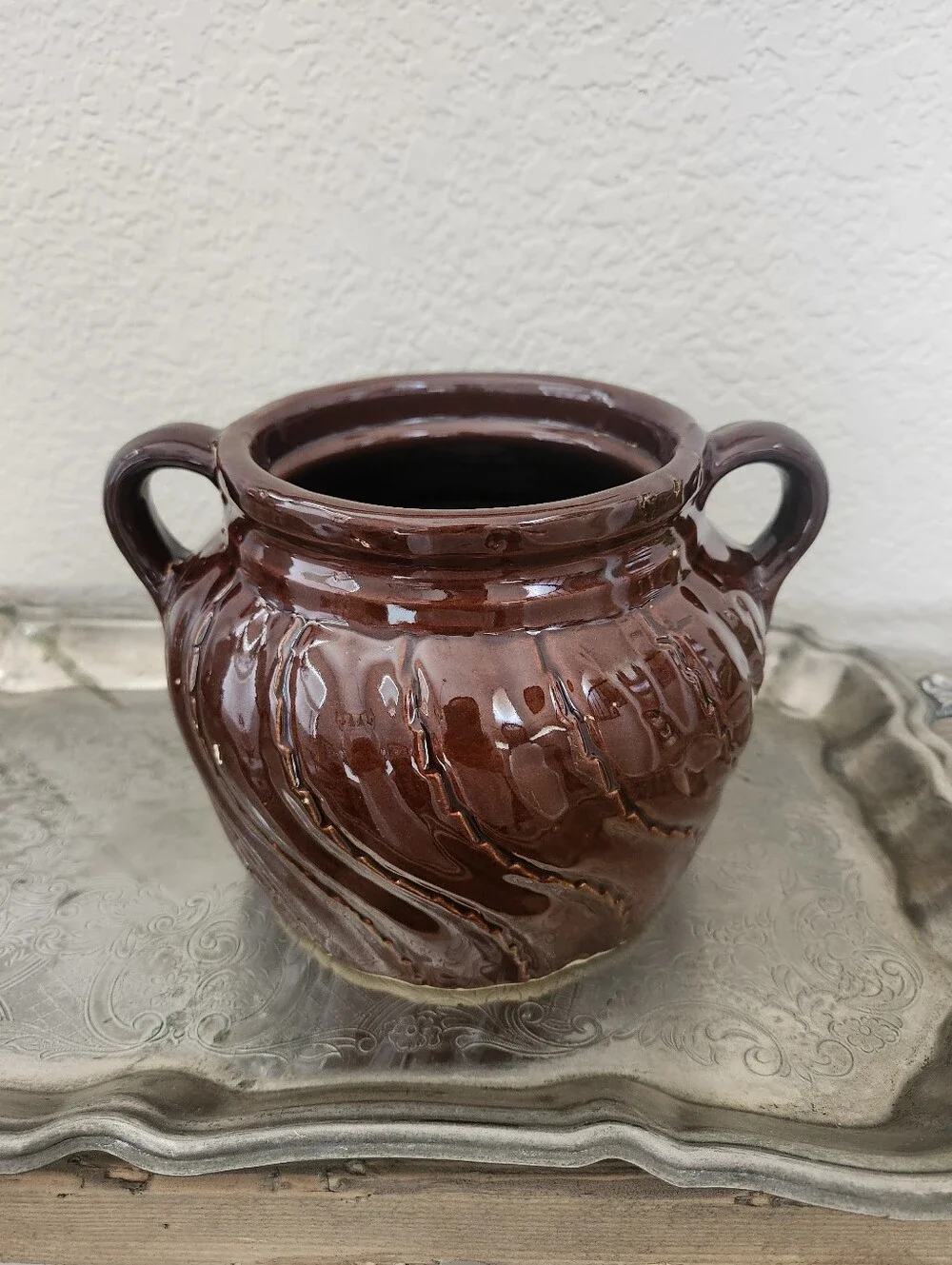 Vintage Brown Swirl Pattern Crock Vase With Handles Glazed